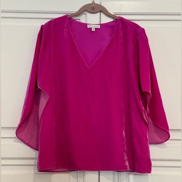 Anna Cate Nina Velvet Short Sleeve V-Neck Top in Pink Size XS - Picture 4 of 11